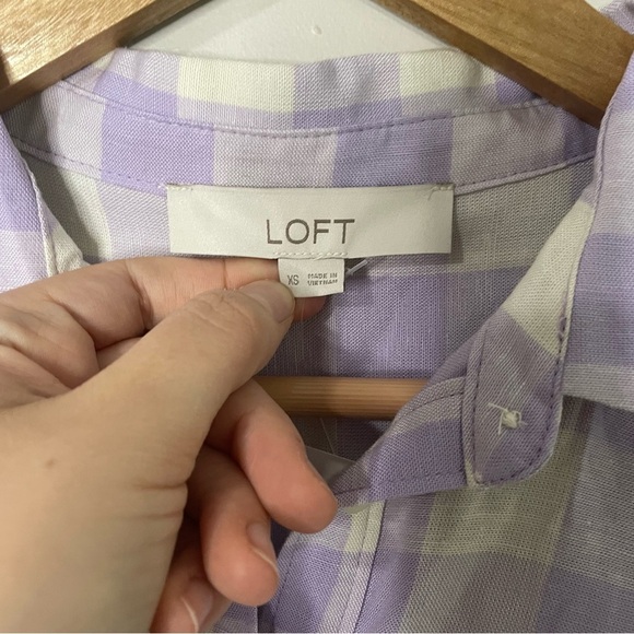 [LOFT] Purple and White Check Print Popover Linen Blend Short Sleeve Top - Picture 3 of 7